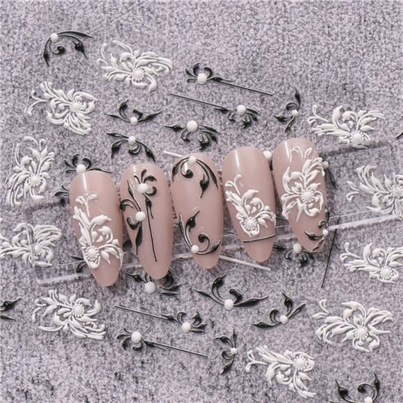 3D Embossed Flower Black White Nail Art Stickers 4 Sheets - Picture 7 of 8